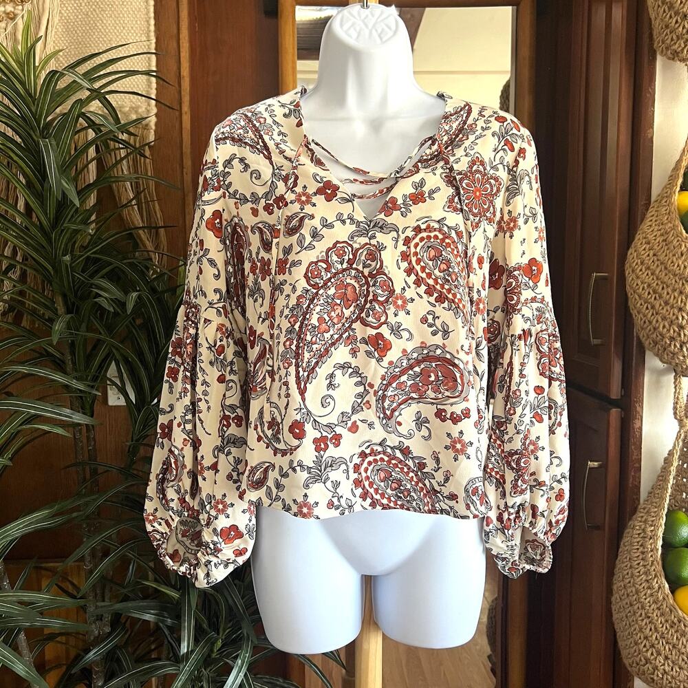 Y2K Paisley Lace-Up Blouse S Petite Festival Boho Peasant Fairy Cottagecore Top